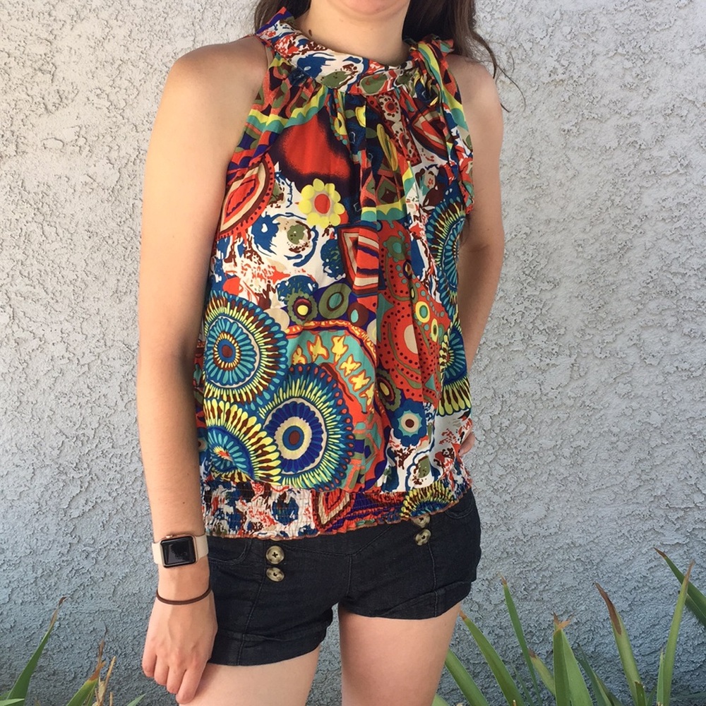 Oliver Halter Abstract Colored Smocked Blouse Shirt Tank Top Bold Wild Retro